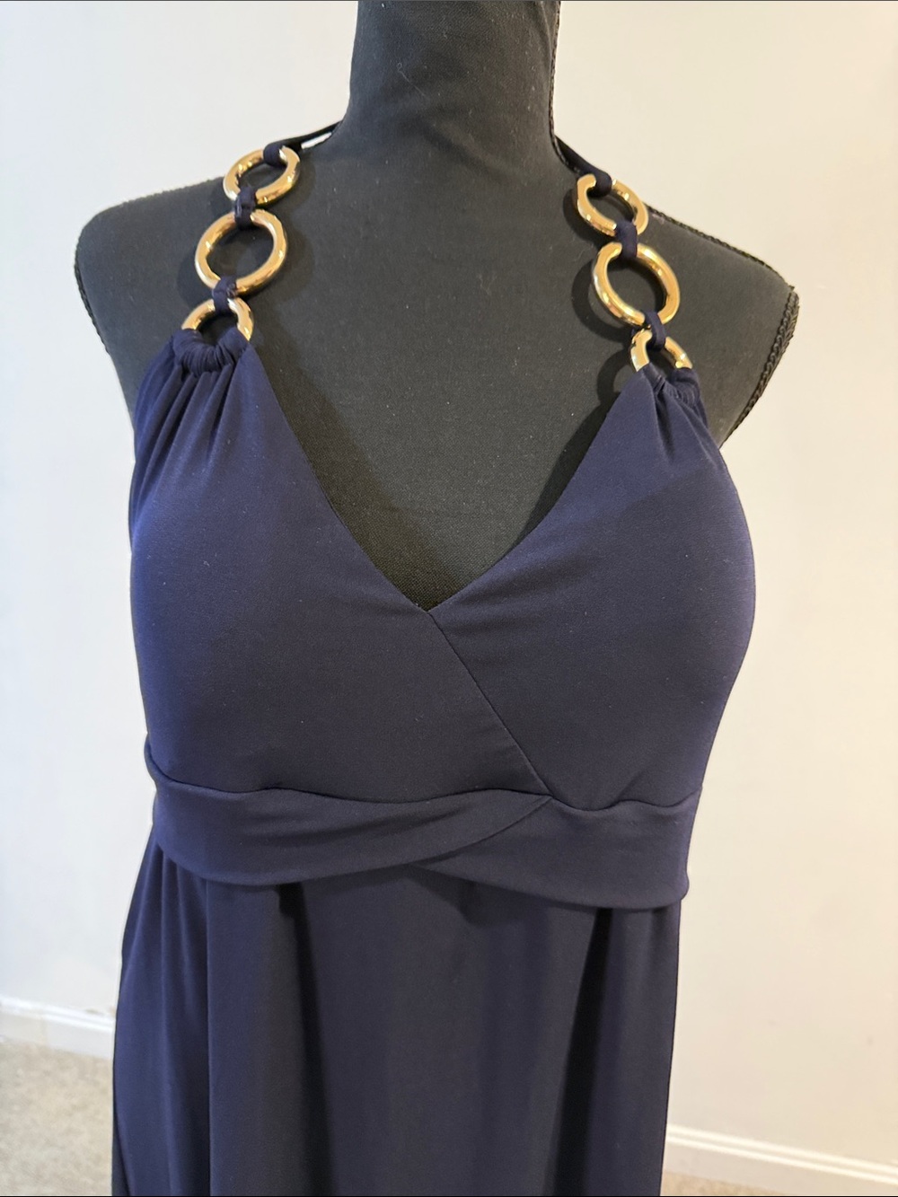 Boston Proper Navy Halter Midi Dress with Gold Ring Straps never worn